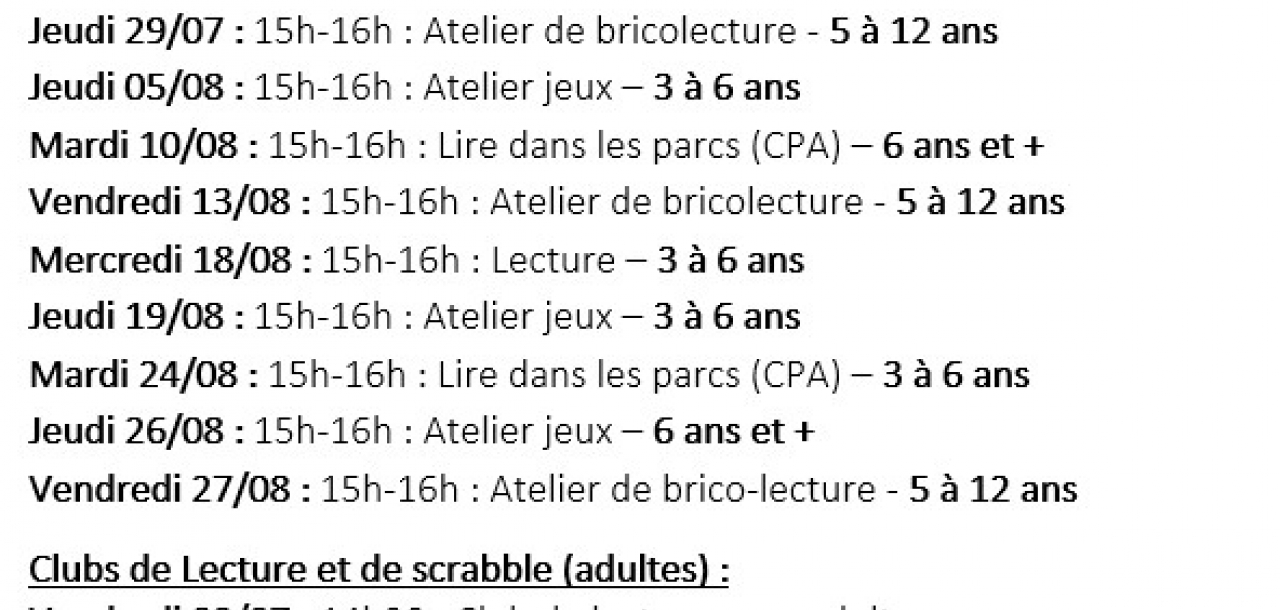 Affichette reprenant tout le programme des mois de juillet et d'août