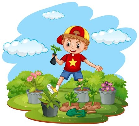 petit garçon prêt à jardiner