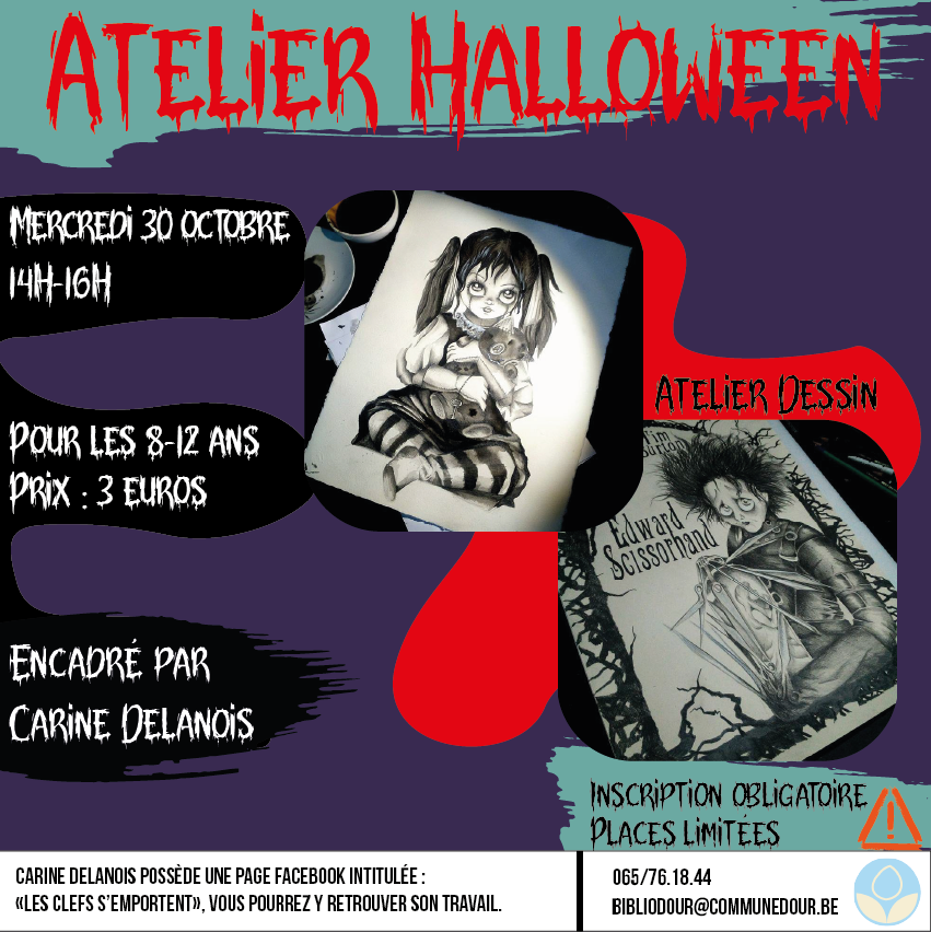 Atelier dessin halloween, centre athéna, bibliothèque de Dour, enfant