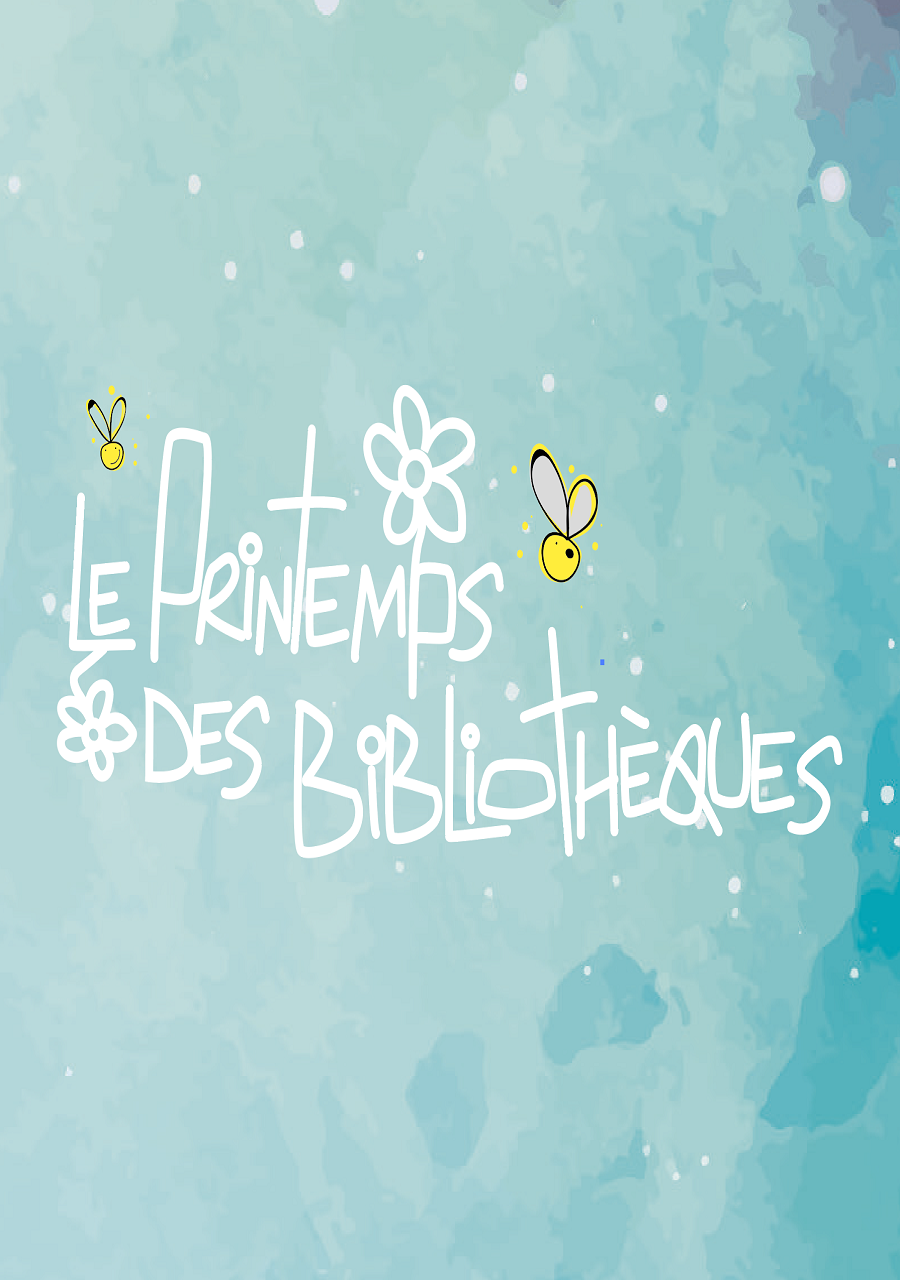 Logo des printemps des bibliothèques sur fonds bleu avec 2 abeilles jaunes