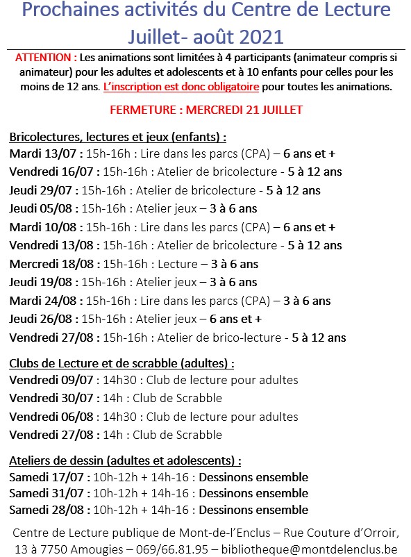 Affichette reprenant tout le programme des mois de juillet et d'août