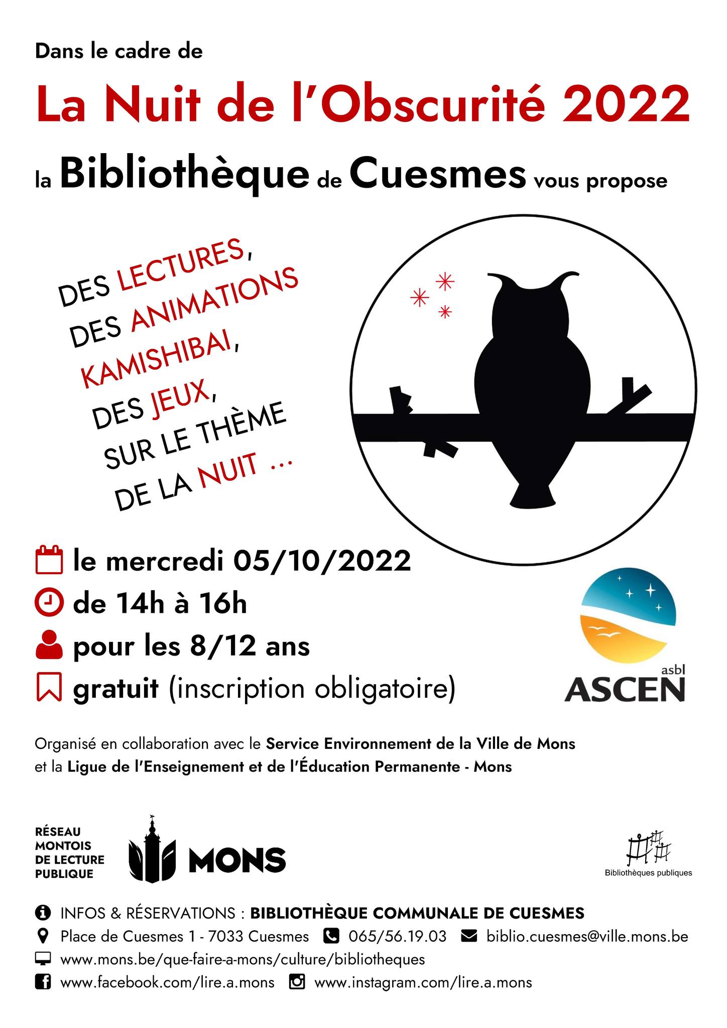 Affiche de La nuit de l'obscurité 2022 - Bilbiothèque Cuesmes