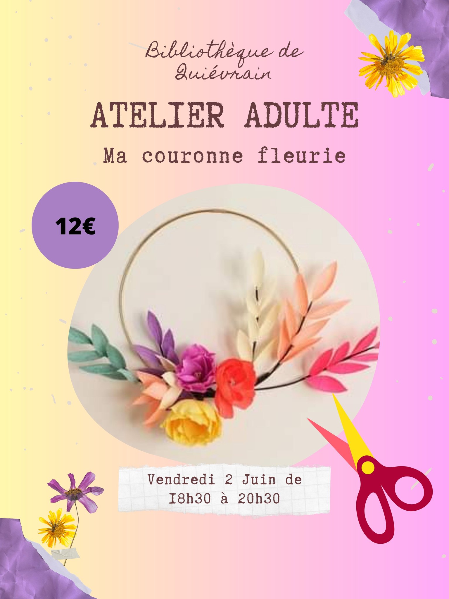 Affiche de l'atelier adulte - Ma couronne fleurie - Le 2 juin de 18h30 à 20h30