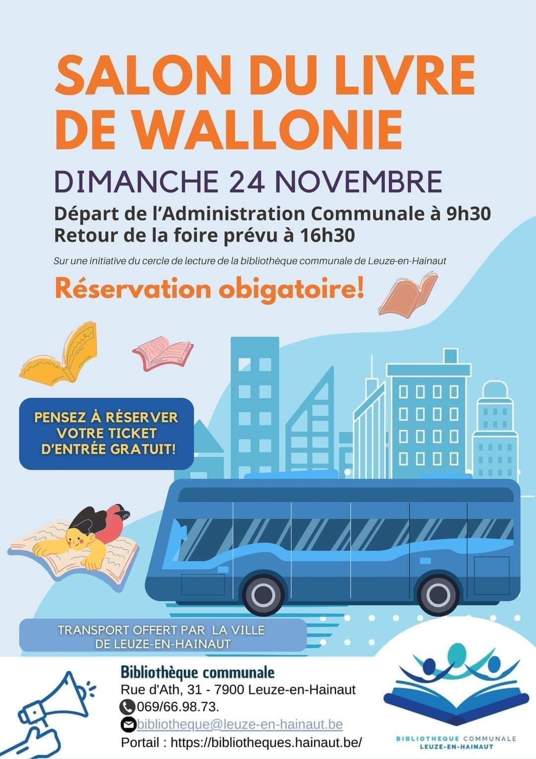 Affiche avec un bus bleu et une ville en fond