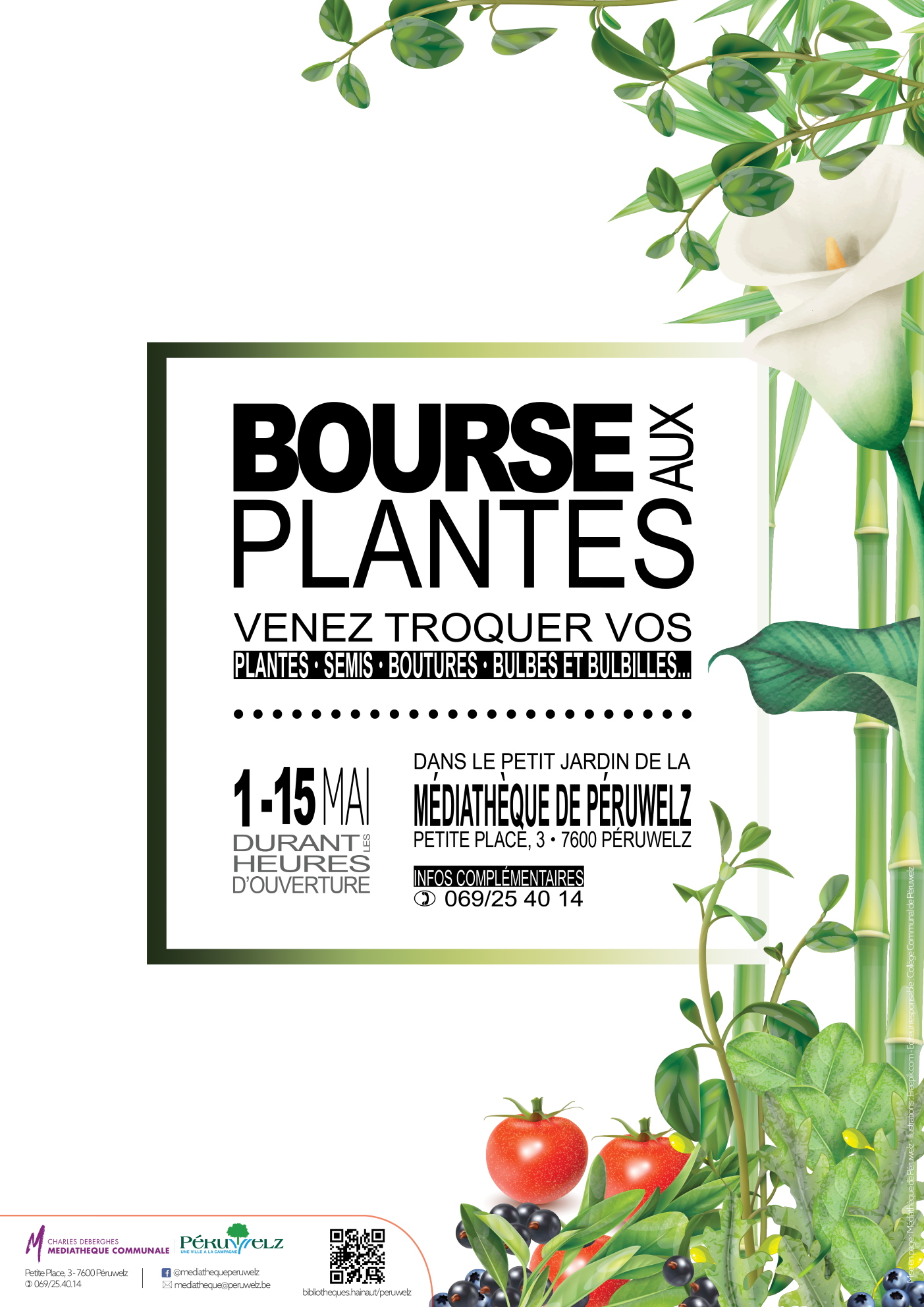 Les informations de la bourse aux plantes entourée d'un cadre constitué de plantes, fruits et légumes