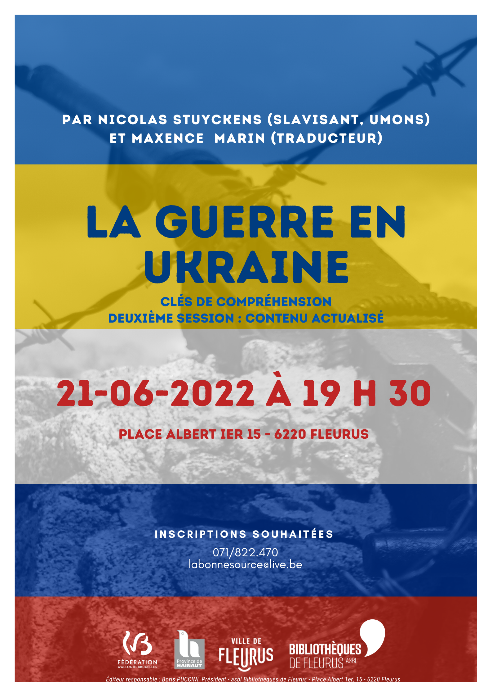 affiche conférence guerre en ukraine : clé de compréhension, le 21/06/2022 à la bibliothèque de Fleurus