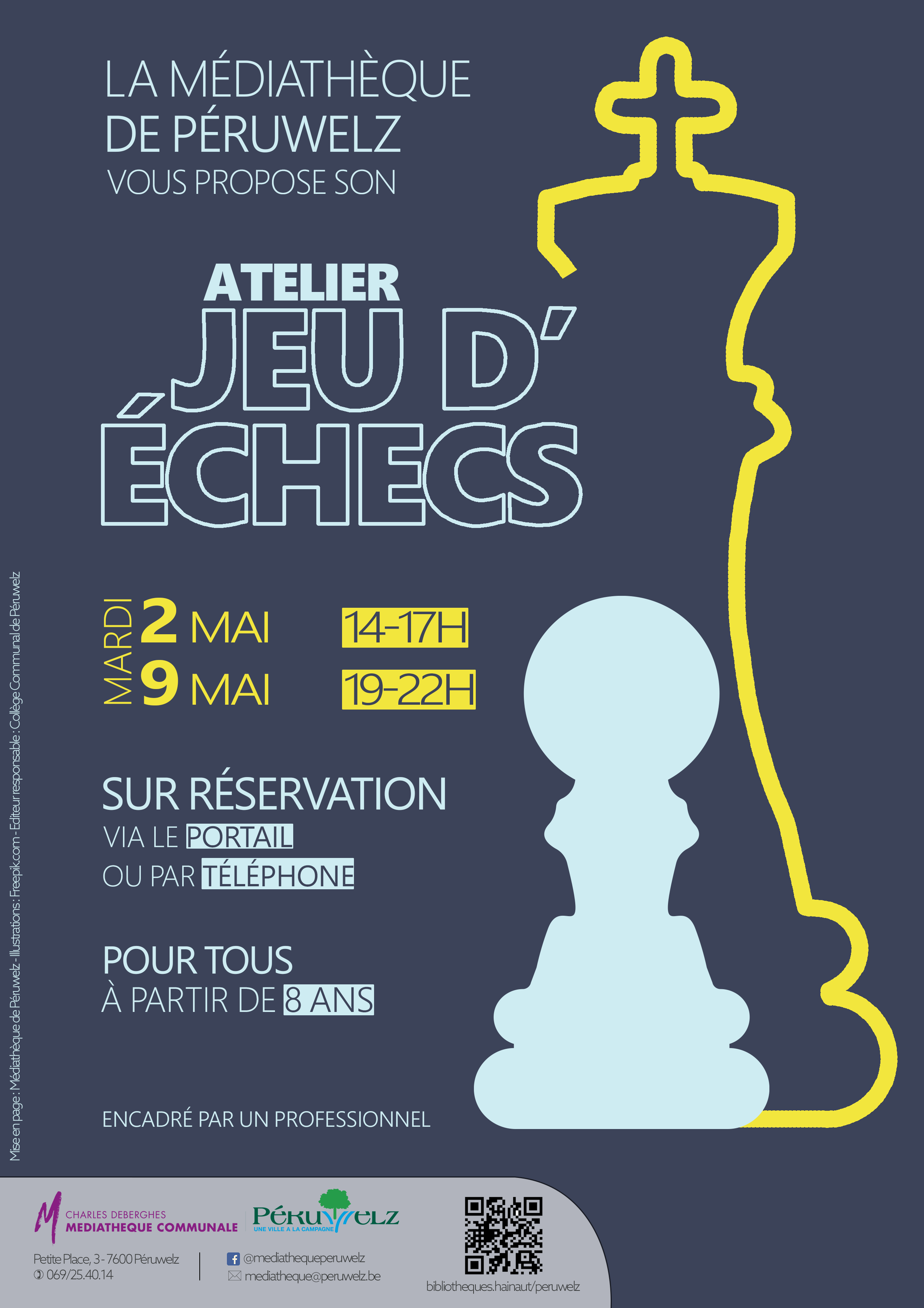 Sur un fond bleu la silhouette du roi et d'un pion se dessinent pour annoncer les ateliers jeu d'échecs