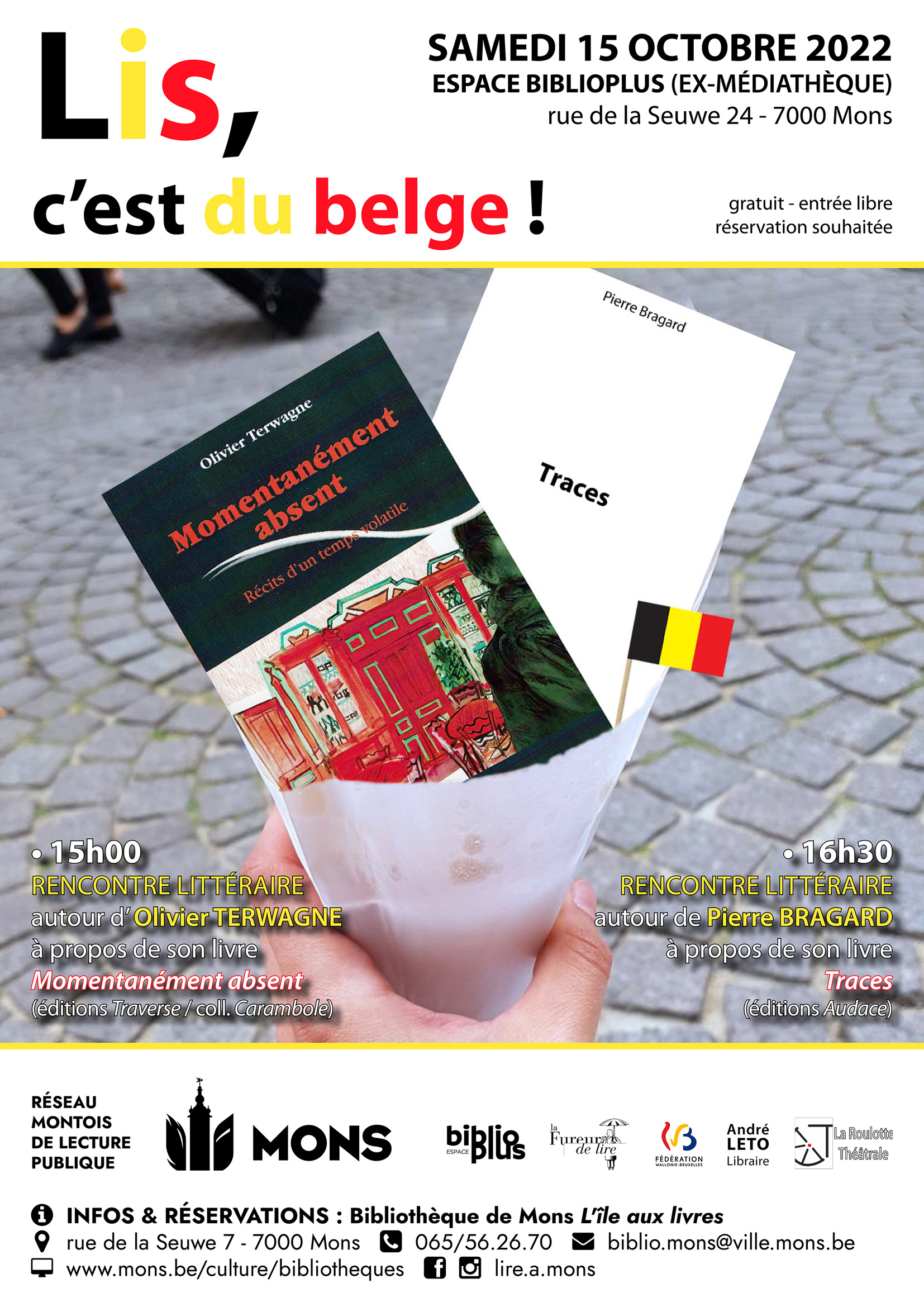 Affiche Lis c'est du belge. Des livres dans un paquet de frites !