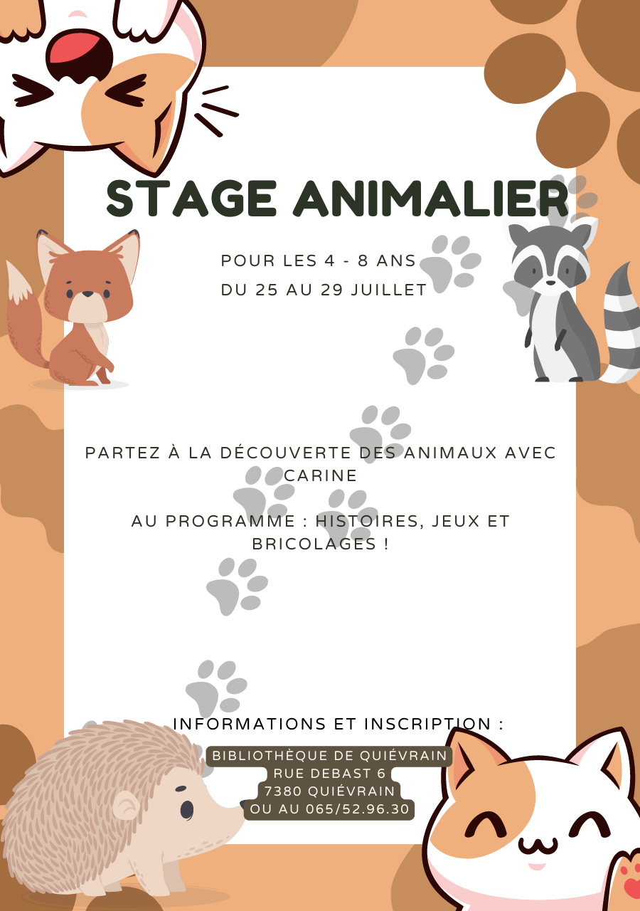 Stage animalier du 25 au 29 juillet à la bibliothèque de Quiévrain